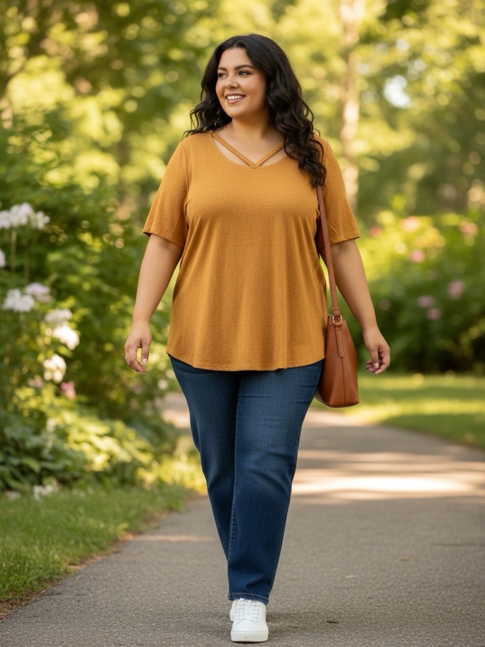 Casual V-Neck Cross-Strap Tunic Hoodie in Mustard
